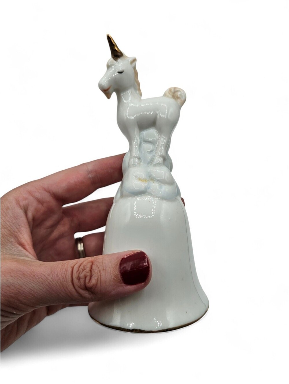 Vintage 1990s Hand painted Porcelain Unicorn Bell Figurine Cream Gold Trim - Picture 5 of 5
